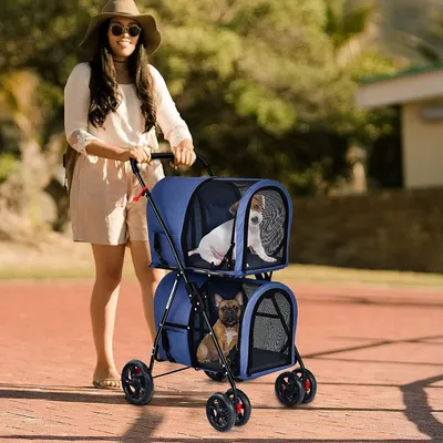 Produktbild von GOPLUS Doppeltschichtiger faltbarer Haustierwagen, 2-stufiger 3-in-1 Haustierwagen auf Rädern, 2 Bremsen, Abnehmbare Taschen, Klappbare Stahlstruktur