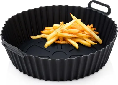 Produktbild von Fritteuseneinsatz - Ø 20,5 cm - Hitzebeständig - Silikon - Airfryer Einlage Schwarz mit Griffen