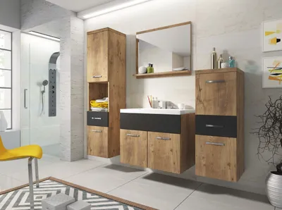 A modern bathroom with wooden vanity units, a sink, a mirror, and a shower.