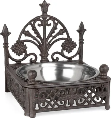 Image de Mangeoire pour chien en fonte marron antique avec bol en acier inoxydable - mangeoire pour chiens et chats de style vintage - support de gamelle décoratif surélevé - 2,6 kg - largeur 24 cm