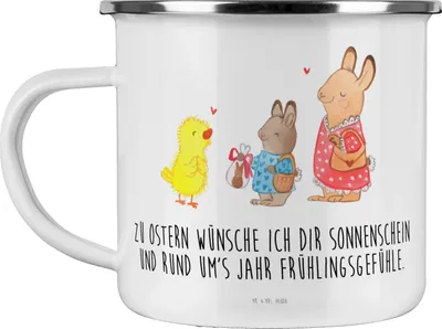 Produktbild von Mr. & Mrs. Panda Blechtasse Ostern Geschenke - Weiß - Geschenk, Frühling, Teetasse, Emaille Tasse, Ostergrüße, Osterhase, Küken, Pott, Hase, becher, Motivtasse