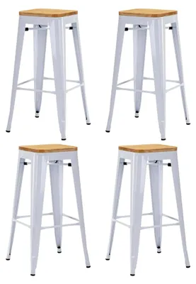 Produktbild von Barhocker Eisen 4er Set, Sitzhöhe 76 cm, stapelbare Metall Bistrohocker mit Fußstütze, Sitzfläche aus Holz, Weiß und Naturholz