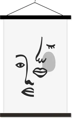 Produktbild von MuchoWow® Textilposter Porträt - Strichzeichnung - Schwarz - Weiß 60x90 cm mit schwarzem Rahmen - Poster Wohnzimmer