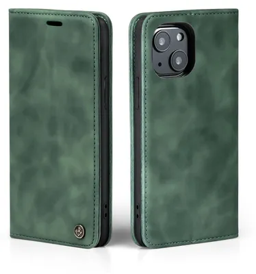 A green flip case for an iPhone 13 is shown from two angles.
