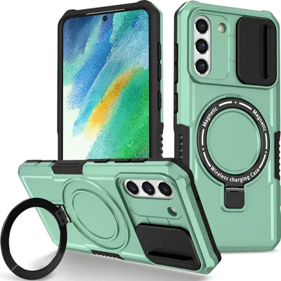 Produktbild von Handyhülle für Samsung Galaxy S21 FE 5G Kompatibel mit MagSafe, Robuste Hülle mit Schiebe Kamera Schutz, Magnetischer Ringständer Grün