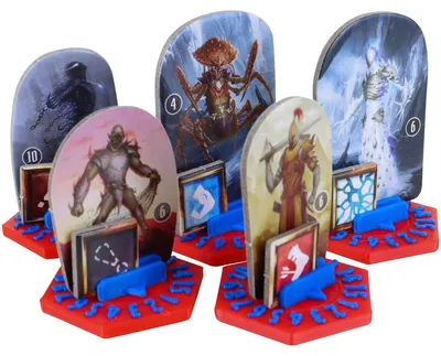 Zdjęcie produktu dla Zestaw 10 podstaw do kostek do gier Gloomhaven, Frosthaven, w kolorach czerwonym i niebieskim