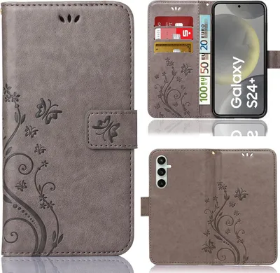 Produktbild von Handy Tasche für Samsung Galaxy S24 Plus Schutz Hülle Handyhülle mit Blumenmuster Klapp Hülle mit Standfunktion und Kartenfächer Grau