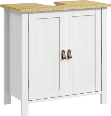 Image de kleankin Meuble sous lavabo, meuble de salle de bain sous lavabo, 2 portes, étagère réglable, 2 étages à l'intérieure, poignées en PU, 60 x 30 x 60 cm, blanc
