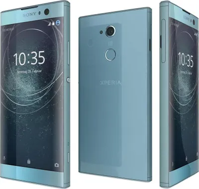 Three views of a blue Sony Xperia XA2 smartphone are displayed against a light gray background.