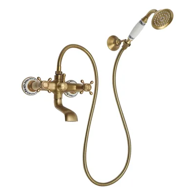 Obrázek produktu pro Koupelnová sprchová hlavice Koupelnová sprchová souprava Směšovací kohoutek Retro Brass s křížovými rukojeťmi a ruční sprchou Nástěnná baterie Koupelnová souprava