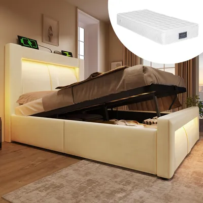 Produktbild von MODFU Einzelbett 90x200 Polsterbett mit Stauraum und LED-Beleuchtung,Bettgestell mit USB- & Type-C-Ladeanschlüsse,mit Matratze,Beige