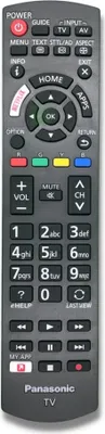 A close-up, studio shot of a black Panasonic TV remote control.