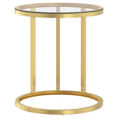 A studio shot of a round side table with a glass top and a gold metal frame.