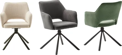 Three chairs in different colors displayed side-by-side against a white background.