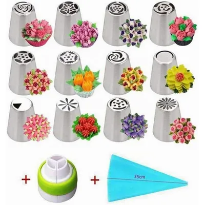 Immagine prodotto di Set di bocchette per decorazioni (14 pezzi), in acciaio inossidabile, con sac à poche e adattatore, ideale per torte e cupcakes