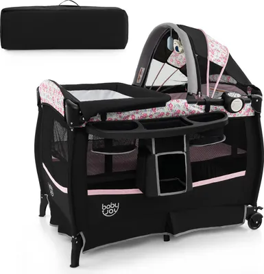 Produktbild von GOPLUS 4 in 1 Reisebett, Babybett mit verstellbarem Vordach, Aufbewahrungsregal, Spielzeugstange, Spieluhr & Rädern (Rosa Blumen)