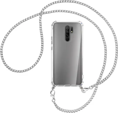 Produktbild von Handykette Backcover-Schutzhülle mit Band (Metall silberfarben) für Xiaomi Redmi 9 - silberfarbene Kette
