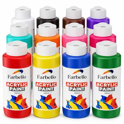Produktbild von FARBELLO Acrylfarben Set 12 x 120 ml – Hochpigmentiert, Wasserfest, für Leinwand, Holz, Stein & Papier (12 Farben)