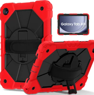 Image de Etui pour Samsung Galaxy Tab A9 Plus /Tab A9+ 11" 2023, étui pour tablette avec dragonne pivotante à 360° et support rouge noir