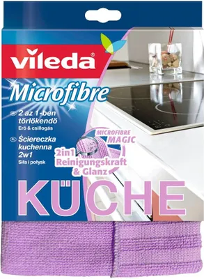 The image shows the packaging of a Vileda Microfibre cleaning cloth for kitchens.
