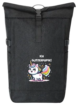 Produktbild von Huuraa Kurierrucksack Ich Glitzerpupse Einhorn 30-44 Liter Black Melange Fairtrade Rolltop Rucksack Geschenkidee