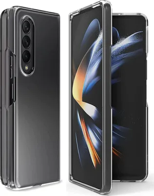 A transparent phone case for a Samsung Galaxy Z Fold 4 is shown from two angles.
