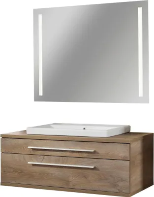 Produktbild von Fackelmann STANFORD Badmöbel Set 3-teilig,110 cm breit, Braun, Keramik + LED-Spiegel