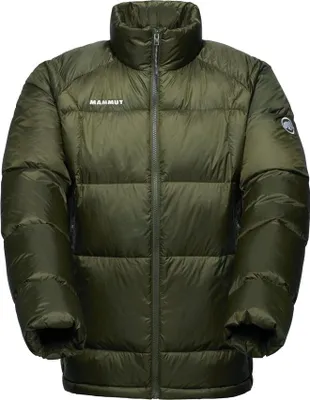 Dunkelgrüne Mammut Glacier Glow IN Daunenjacke mit Stehkragen und Reißverschluss vorne