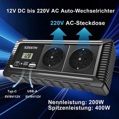 Zdjęcie produktu dla Inwerter samochodowy 200 W - 12 V na 230 V z portami USB-C i USB-A - kompaktowy i lekki - idealny do podróży i kempingu