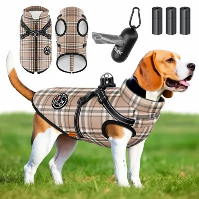 Produktbild von LOVPET® Hundejacke Hundemantel mit Geschirr, inkl. 45 Stück Kotbeutel + Spender, Hunde Winterweste gefüttert wasserdicht, Gepolsterte Weste Mit Brustgurt, Reflektoren , Beige, 5XL