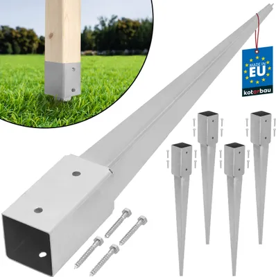 A product image showing metal ground post anchors and a wooden post in grass.