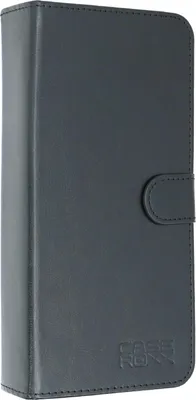 A closed dark gray book-style phone case with a snap closure.