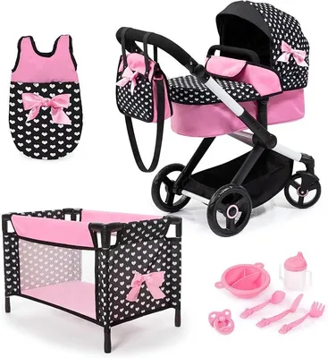Imagen del producto de Cochecito para muñecas Xeo, con asa ajustable, mecanismo de giro y deslizamiento, adaptable como cochecito para correr, moisés, o cuna para muñecas. Incluye accesorios. Disponible en color  y rosa