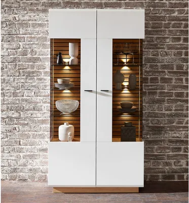 Produktbild von Vitrine Standvitrine mit Beleuchtung, 98cm breit, weiß mit Eiche, FALLON-55