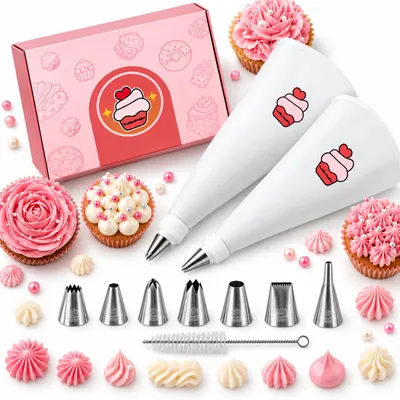 Produktbild von Premium Spritzbeutel Set 12-teilig | 2 Baumwollbeutel (35 & 40 cm) | 8 Edelstahltüllen | Inkl. Adapter & Reinigungsbürste für Kuchen Torte Cupcakes, KI-generiertes Bild