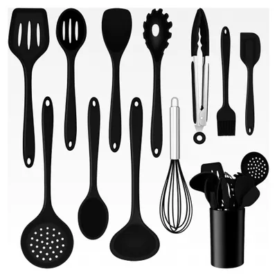 Produktbild von Küchenhelfer Set 12-teilig Silikon Kochutensilien Set, Antihaft Hitzebeständiges Kochgeschirr mit Utensilienhalter, Spülmaschinengeeignet - Schwarz