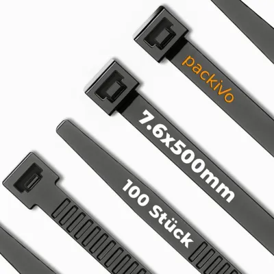 Produktbild von PACKIVO Kabelbinder Schwarz 100 Stück, 40KG Zugfestigkeit - 500mm x 7,6mm, Schwarz