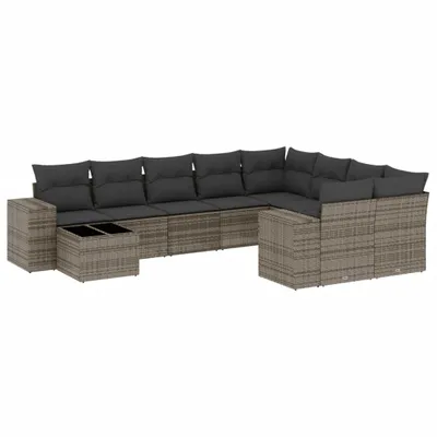Produktbild von 10-tlg. Garten-Sofagarnitur mit Kissen Grau Poly Rattan