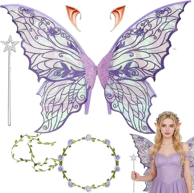Produktbild von Minicee Elf Kostümset mit Flügeln 72x55 cm, Zauberstab & Blumenkranz Lila