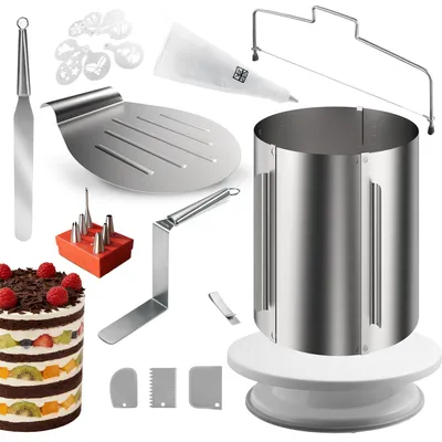 Produktbild von Lindenstein Torten-Zubehör-Set 24 Teile – Backzubehör mit verstellbarem Tortenring 20 cm hoch, Tortenschneider, Tortenheber, drehbarer Tortenplatte, Streichpalette, Winkelpalette, Spritzbeutel mit Tüllen und Tortenschablonen