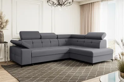 Produktbild von MEBLINI Schlafcouch mit Bettkasten - Ecksofa mit Schlaffunktion - Sofa mit Relaxfunktion und Kopfstützen - Couch L-Form - Eckcouch - Wohnlandschaft - BERGAMO - 274x203x83cm Rechts - Grau Samt