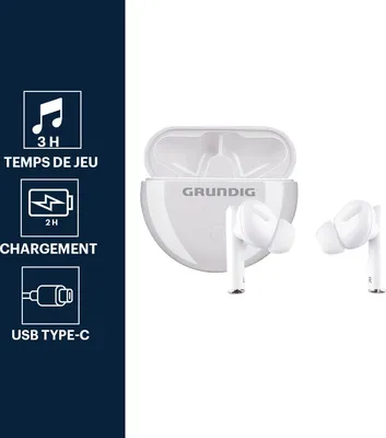 Obrázek produktu pro Bezdrátová sluchátka Bluetooth GRUNDIG - True Wireless Sport Earbuds - Sluchátka s výdrží až 9 hodin přehrávání - Rychlé nabíjení přes USB-C - Pohodlné nošení - bílá