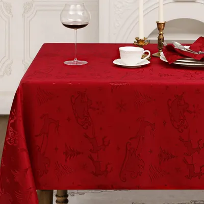 Produktbild von Tischdecke Weihnachten 150 x 300 cm Rot Jacquard Rentier Weihnachtsbaum abwaschbar