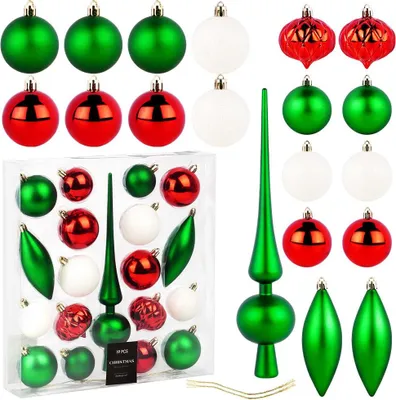 Immagine prodotto di Palline di Natale infrangibili con punta, verde, rosso, bianco, 19 pezzi.