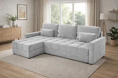Zdjęcie produktu dla Narożnik DOMINO L z funkcją spania 120x200, pojemnik na pościel, uniwersalny L/P, Kronos paros 05 szary, 226 cm