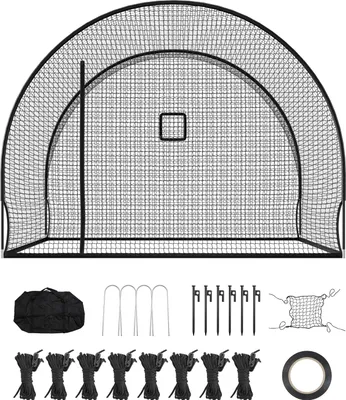 Obrázek produktu pro SucceBuy Baseballová klec (polokruhová) Síť 366 x 310 x 233 cm, mobilní tréninková síť s odolnou polyesterovou tkaninou bez uzlů a otvorem pro nadhazovací stroj, včetně tréninkové sítě na softball