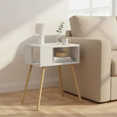 Produktbild von Nachttisch mit offenem Fach Skandinavisches Design Massivholz-Beine Beistelltisch Schlafzimmer Wohnzimmer (Weiß)