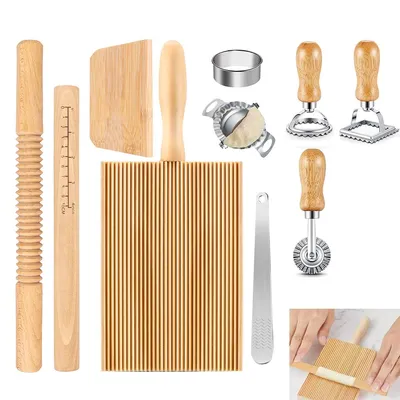 Produktbild von Pasta Set 10-teilig Holz Metall Nudelholz Gnocchi Brett Ravioli Formen 35×2,7 cm Für Küche Hobbyköche