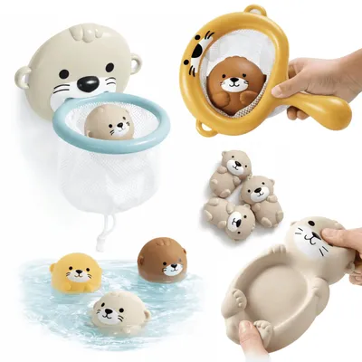 Produktbild von Primabobo Badespielzeug Set 6-in-1, Otterkorb mit Saugnäpfen, Kescher