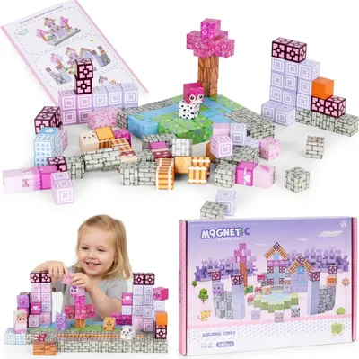 Image de Blocs de construction magnétiques pour enfants, 140 pièces, rose